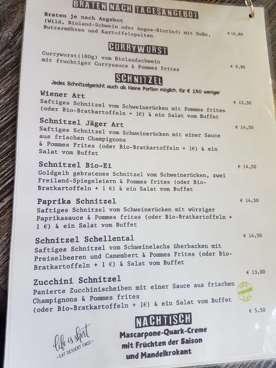 Speisekarte, Gasthof Schellental - Restaurant in Bad Pyrmont