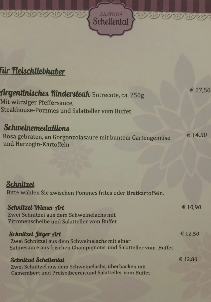 Speisekarte, Gasthof Schellental - Restaurant in Bad Pyrmont