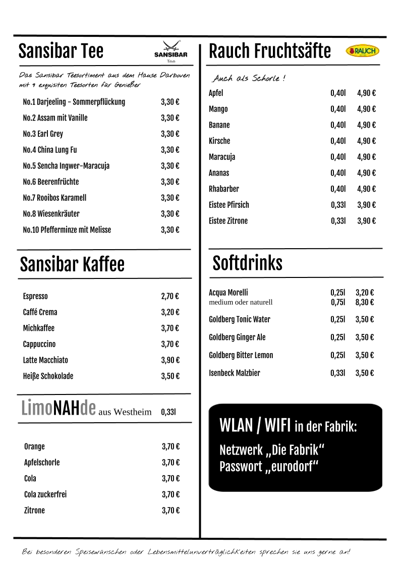 Speisekarte, Restaurant • Café • Bar "Die Fabrik"