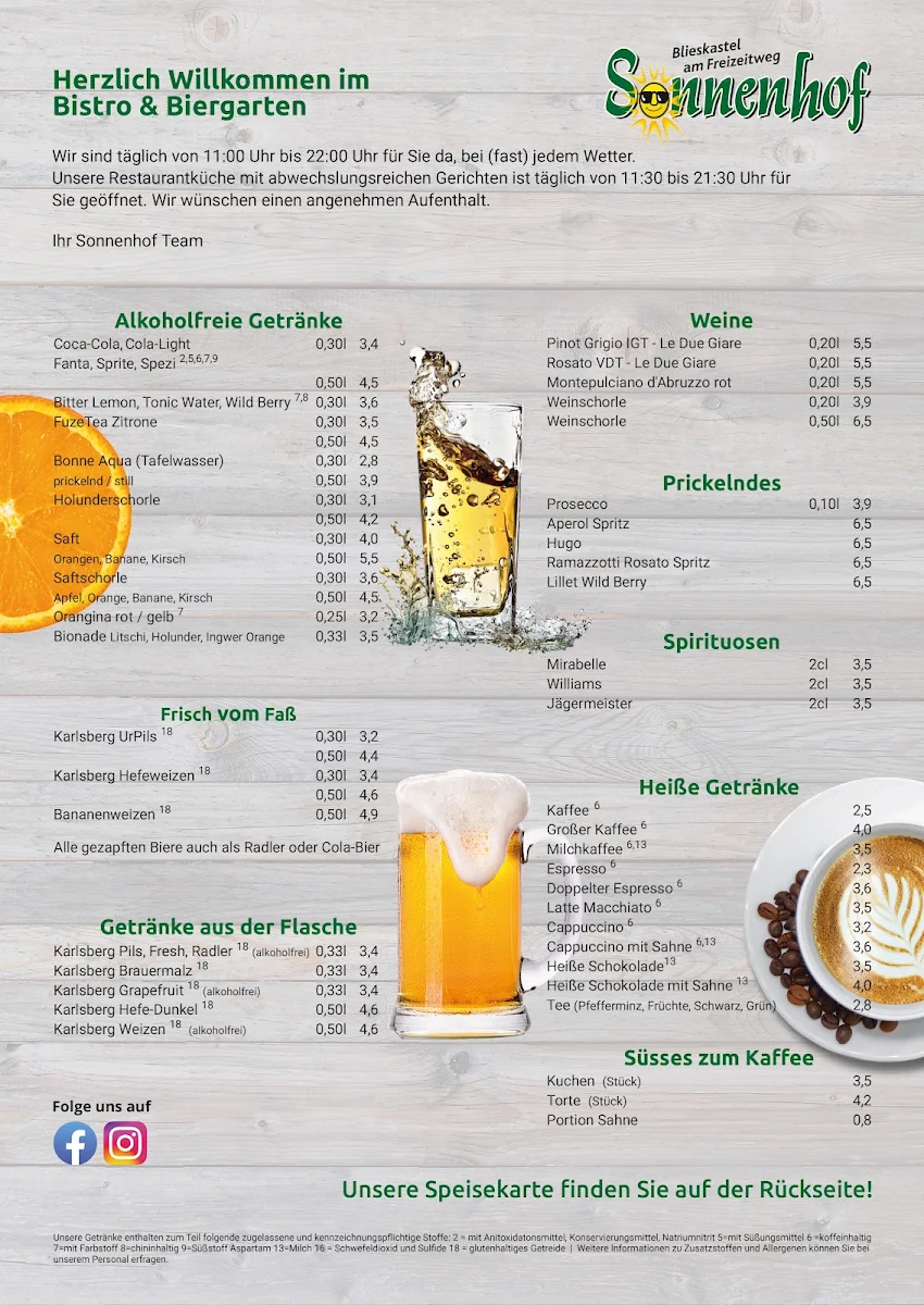 Speisekarte, Biergarten Sonnenhof
