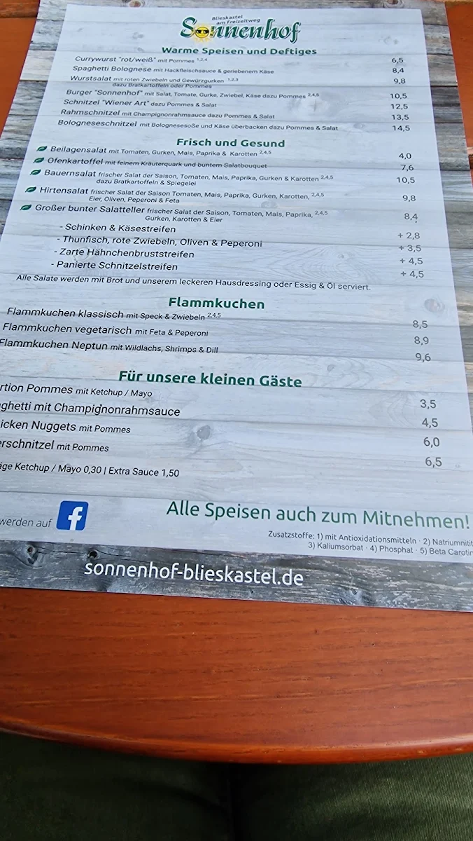Speisekarte, Biergarten Sonnenhof