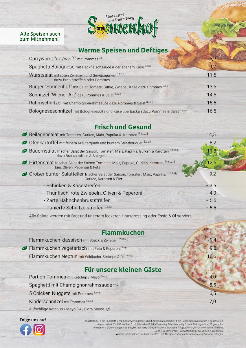 Speisekarte, Biergarten Sonnenhof