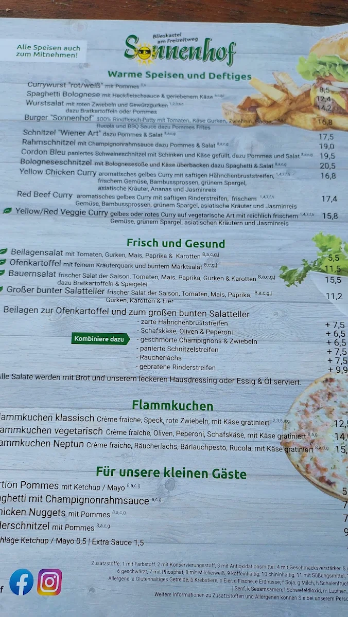 Speisekarte, Biergarten Sonnenhof