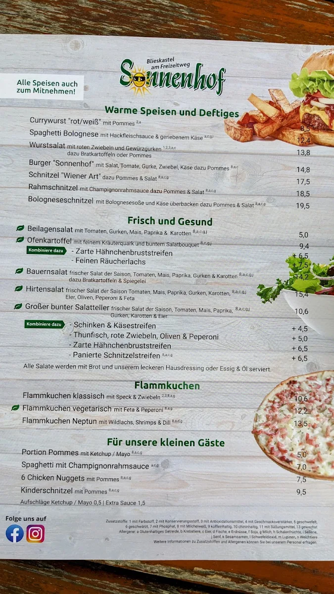 Speisekarte, Biergarten Sonnenhof