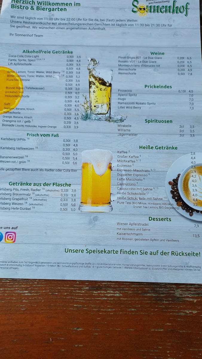 Speisekarte, Biergarten Sonnenhof