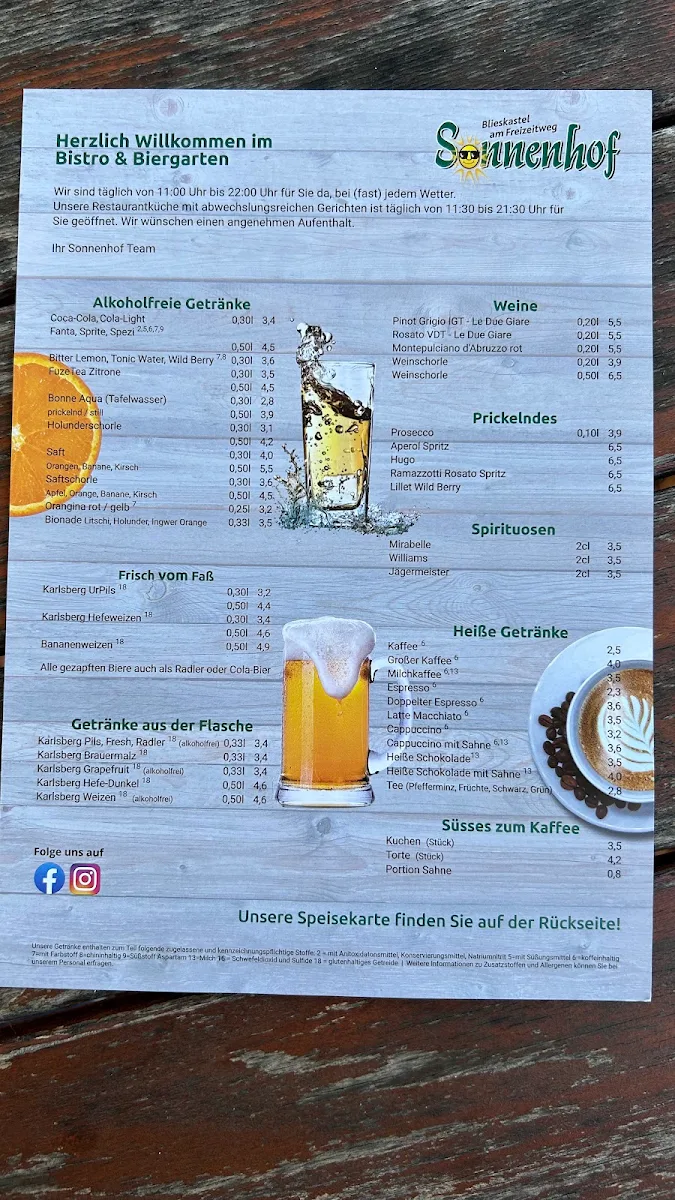 Speisekarte, Biergarten Sonnenhof