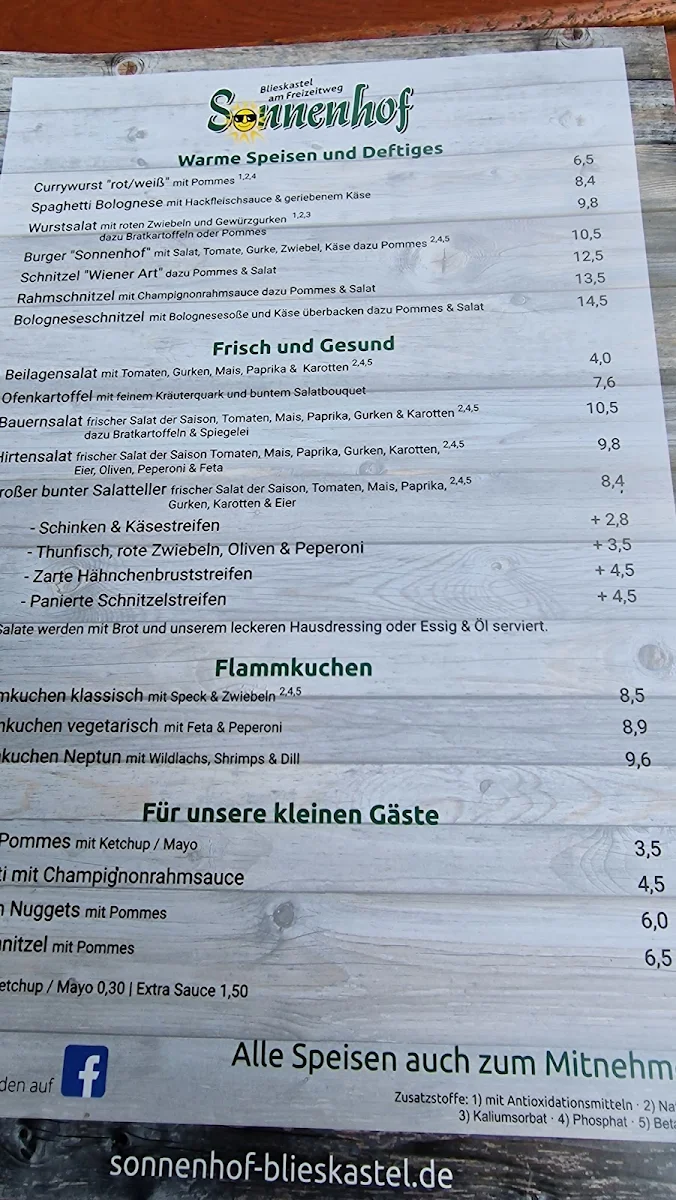Speisekarte, Biergarten Sonnenhof