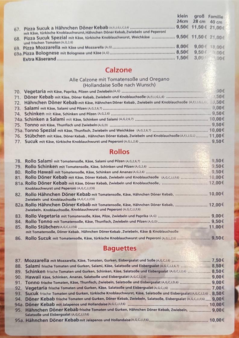 Speisekarte, Pizza Stübchen