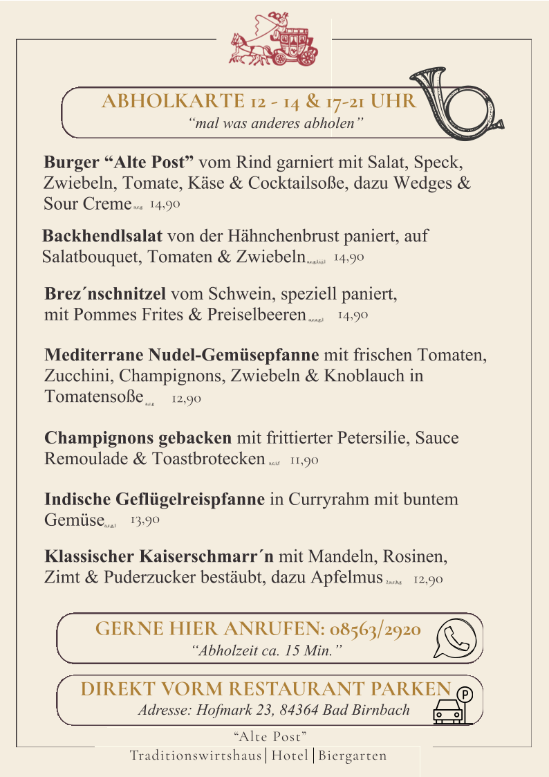 Speisekarte, Traditionswirtshaus "Alte Post"