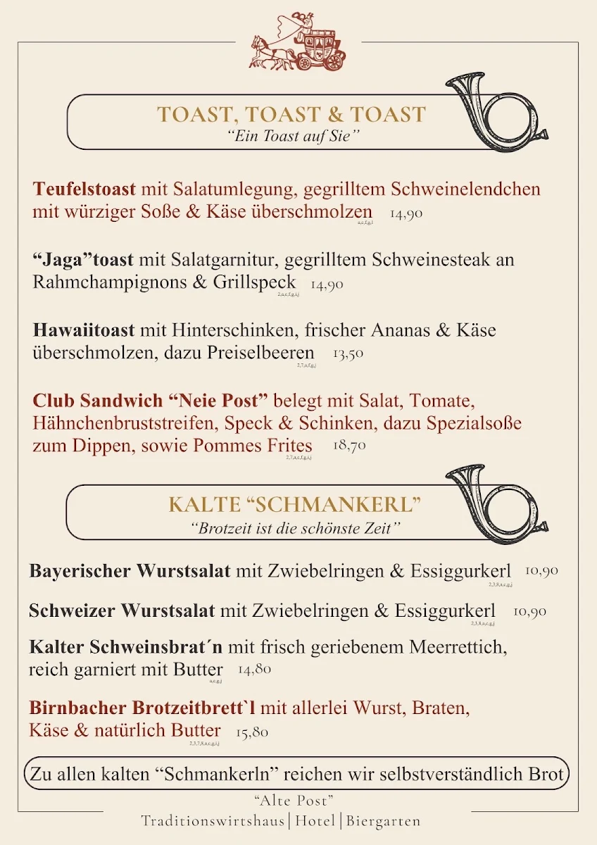 Speisekarte, Traditionswirtshaus "Alte Post"