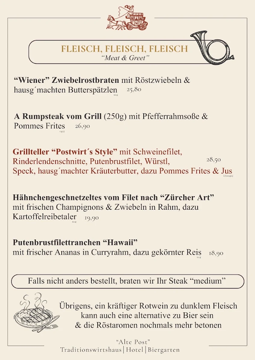 Speisekarte, Traditionswirtshaus "Alte Post"