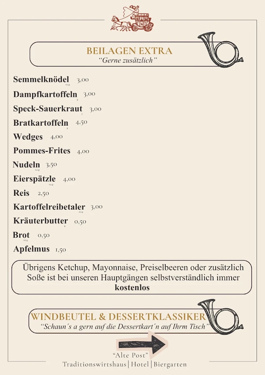 Speisekarte, Traditionswirtshaus "Alte Post"