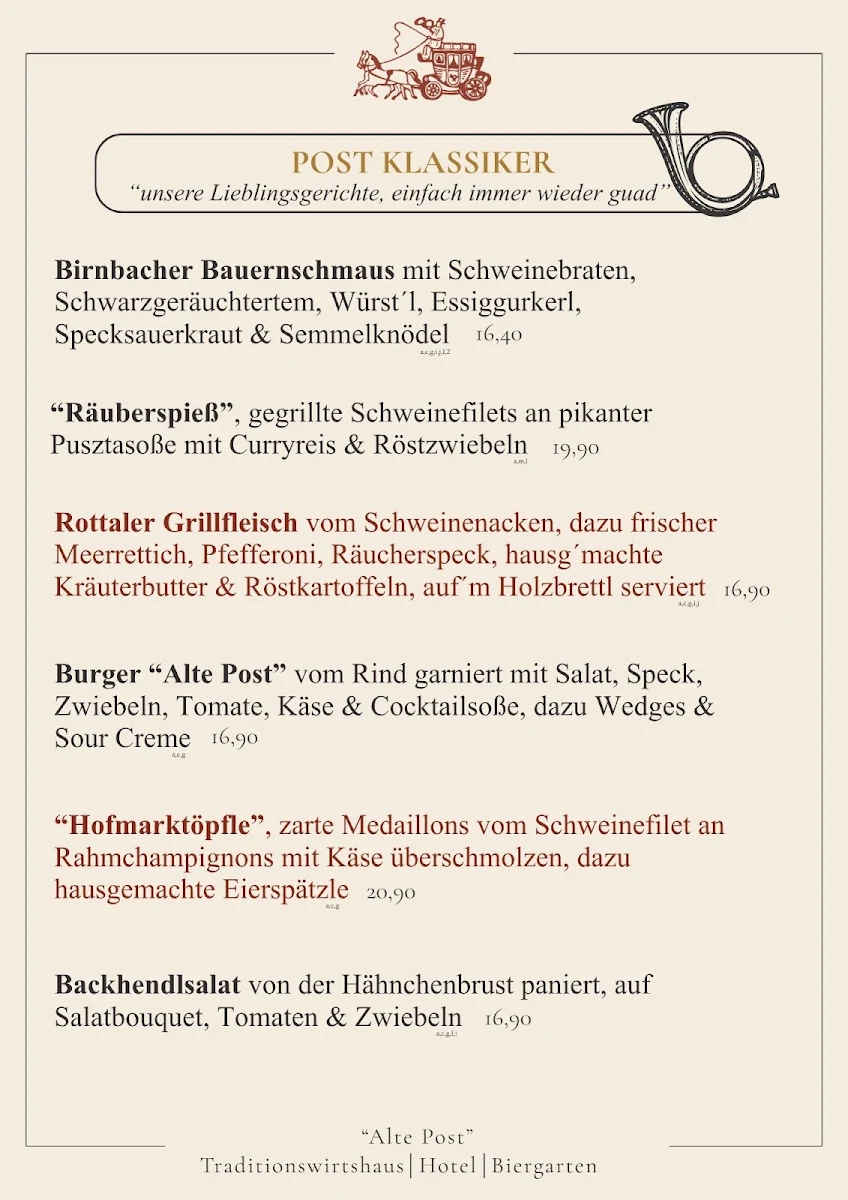 Speisekarte, Traditionswirtshaus "Alte Post"