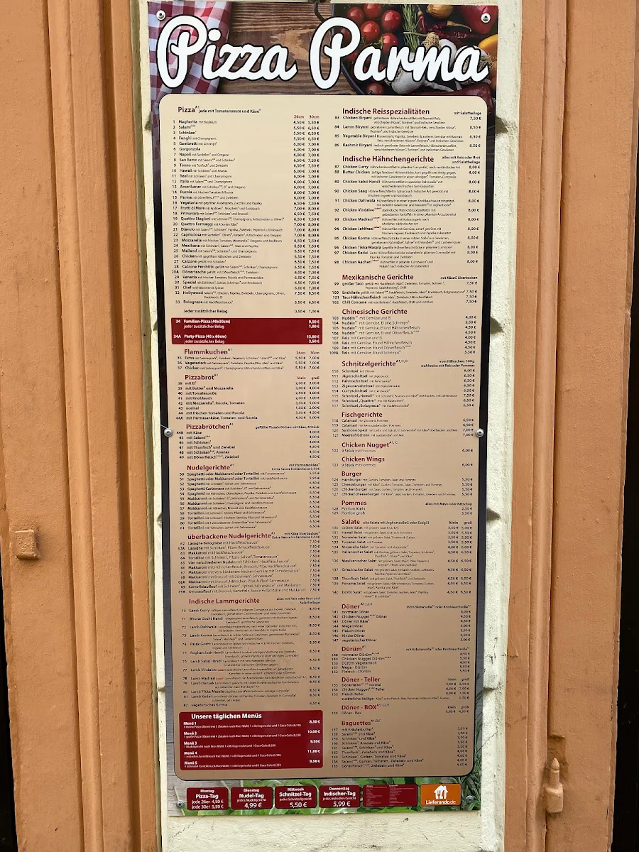 Speisekarte, Pizzeria bella italia