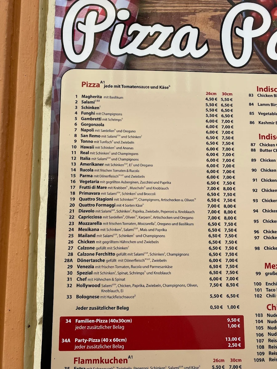 Speisekarte, Pizzeria bella italia