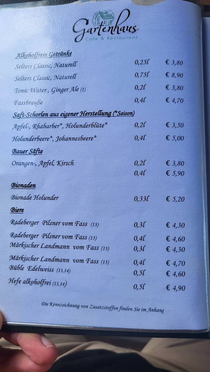Speisekarte, Gartenhaus - Café & Restaurant