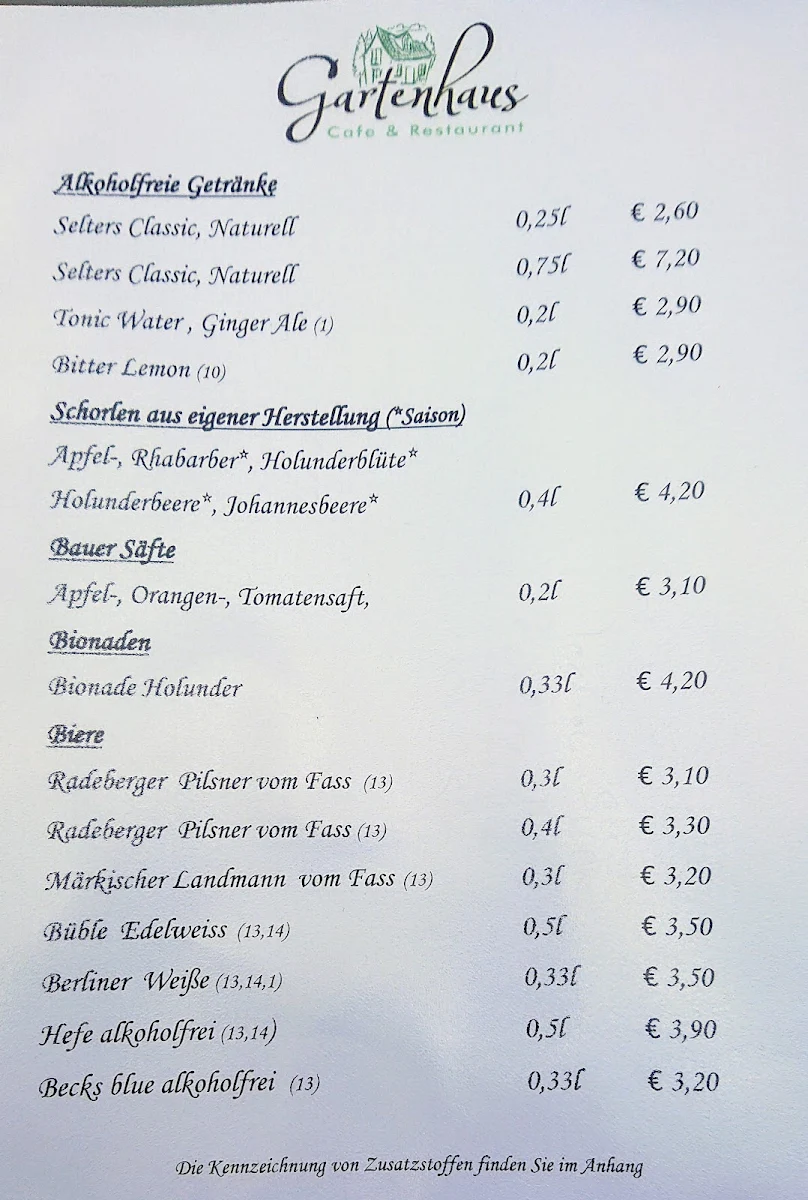 Speisekarte, Gartenhaus - Café & Restaurant