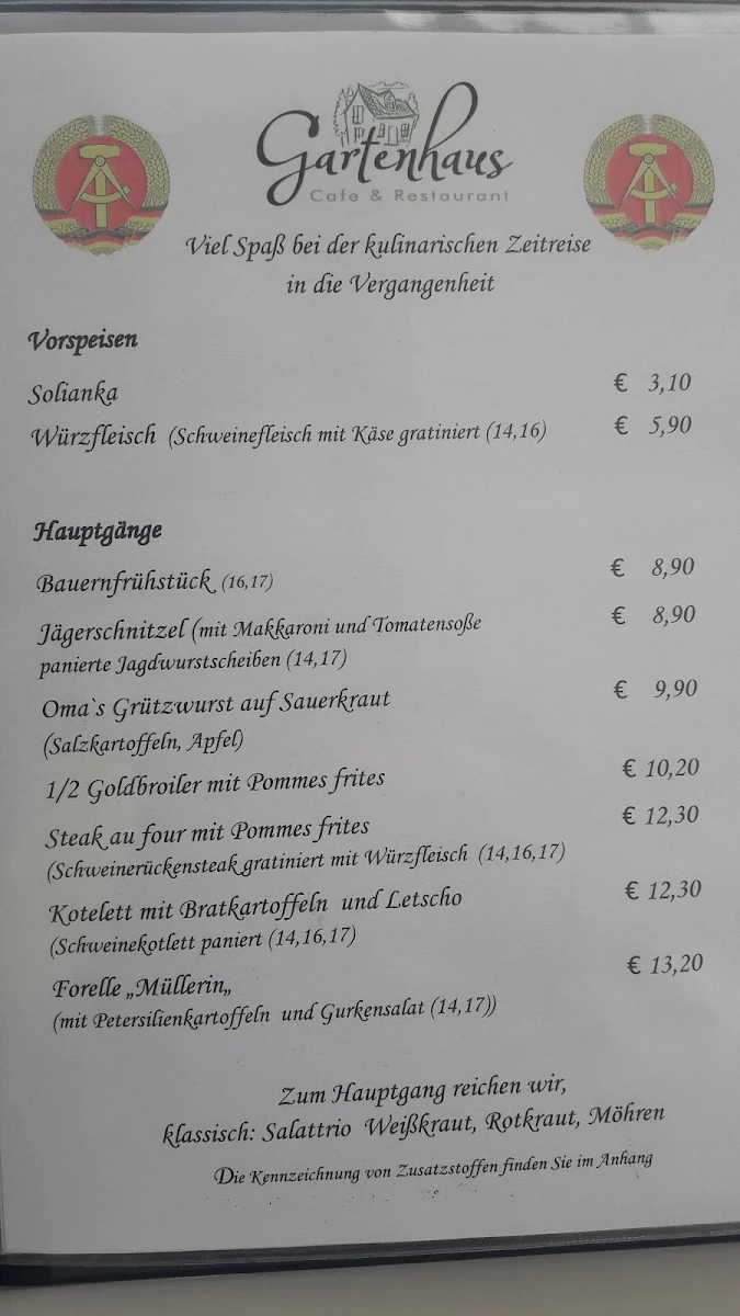Speisekarte, Gartenhaus - Café & Restaurant