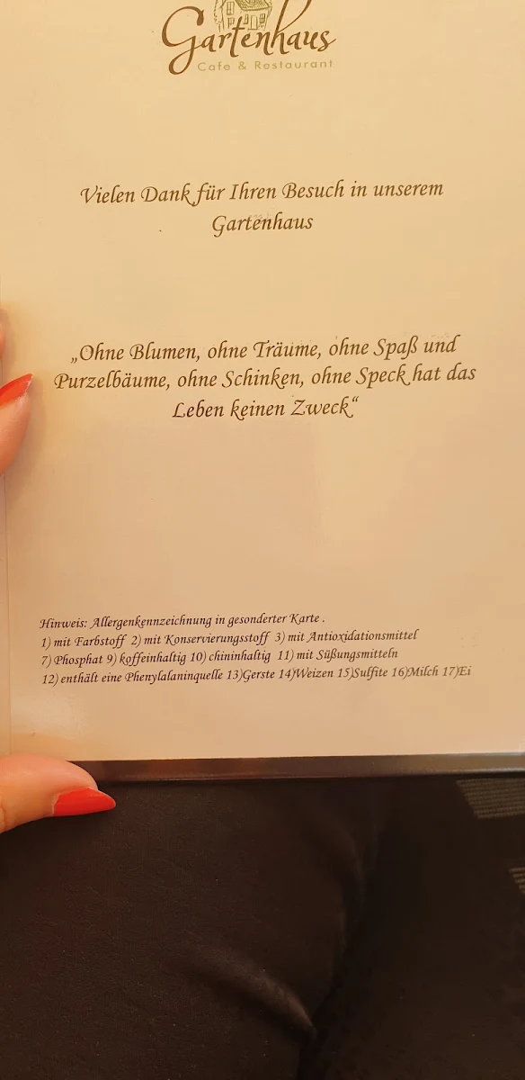 Speisekarte, Gartenhaus - Café & Restaurant