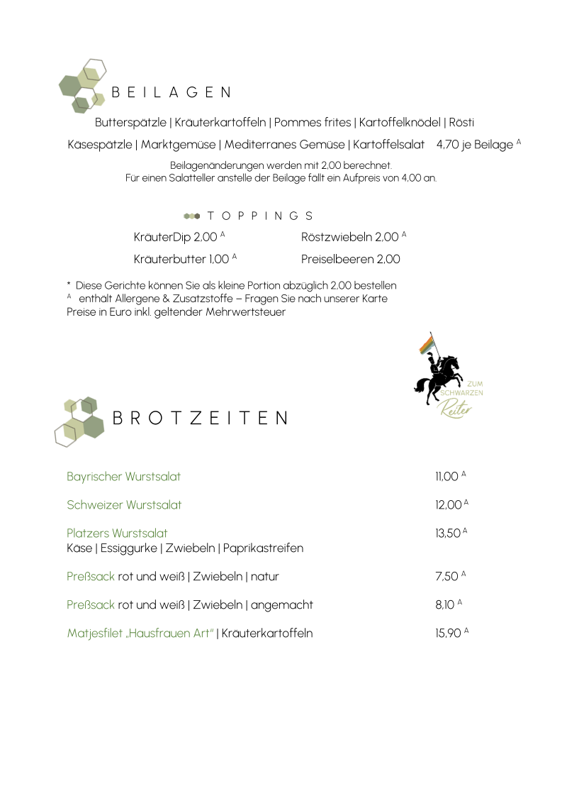 Speisekarte, Restaurant & Biergarten im Flair Hotel Zum Schwarzen Reiter