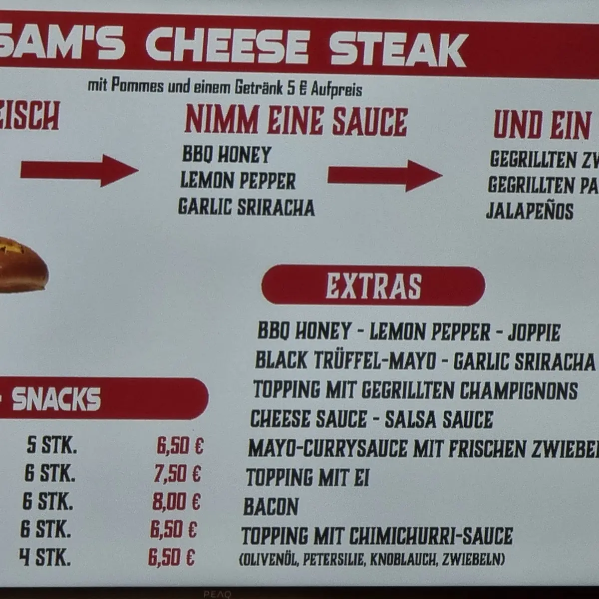 Speisekarte, SAM'S CHEESESTEAK - 100% HALAL ORIGINAL PHILADELPHIA CHEESESTEAK