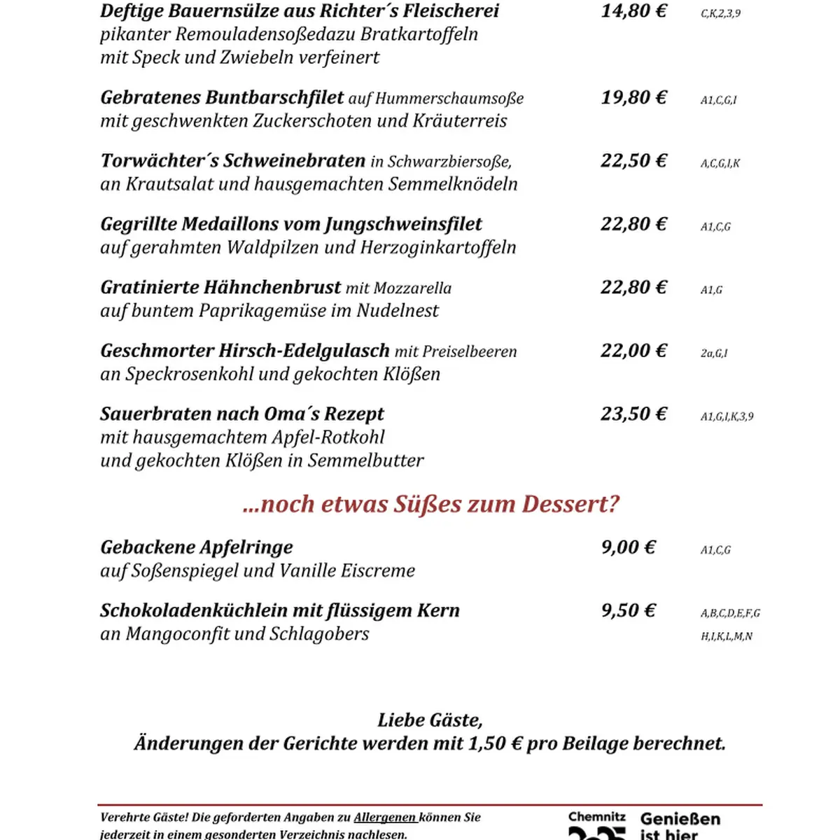 Speisekarte, Gaststube Torwache