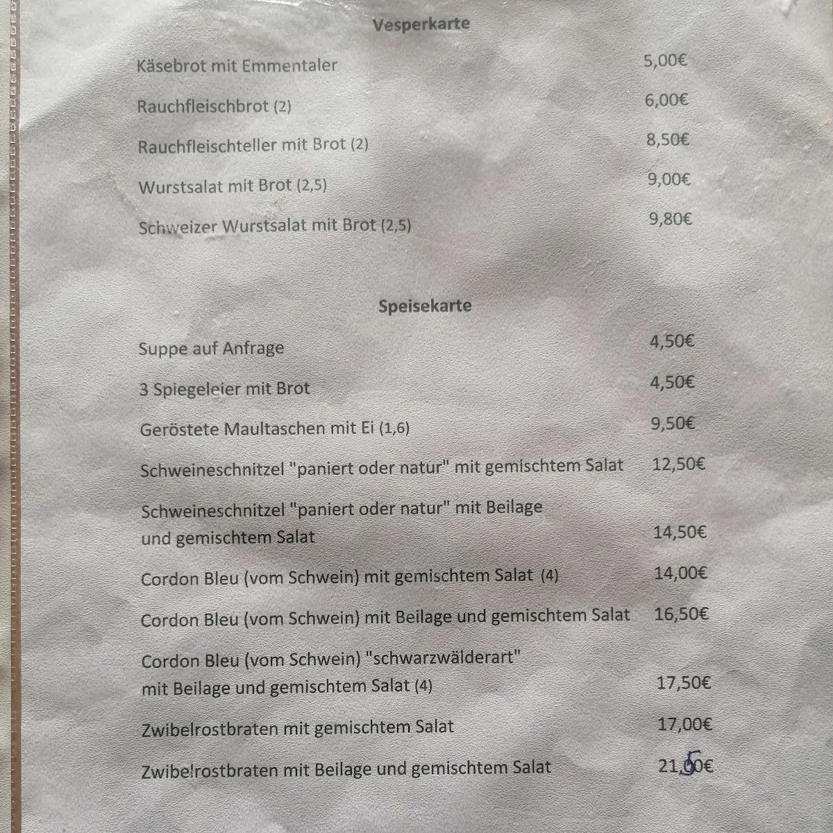 Speisekarte, Jura Gaststätte