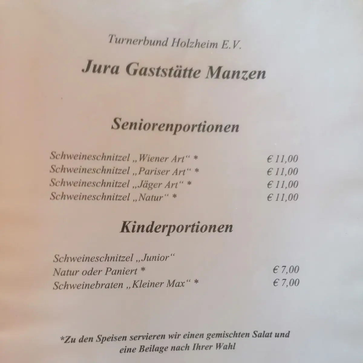 Speisekarte, Jura Gaststätte