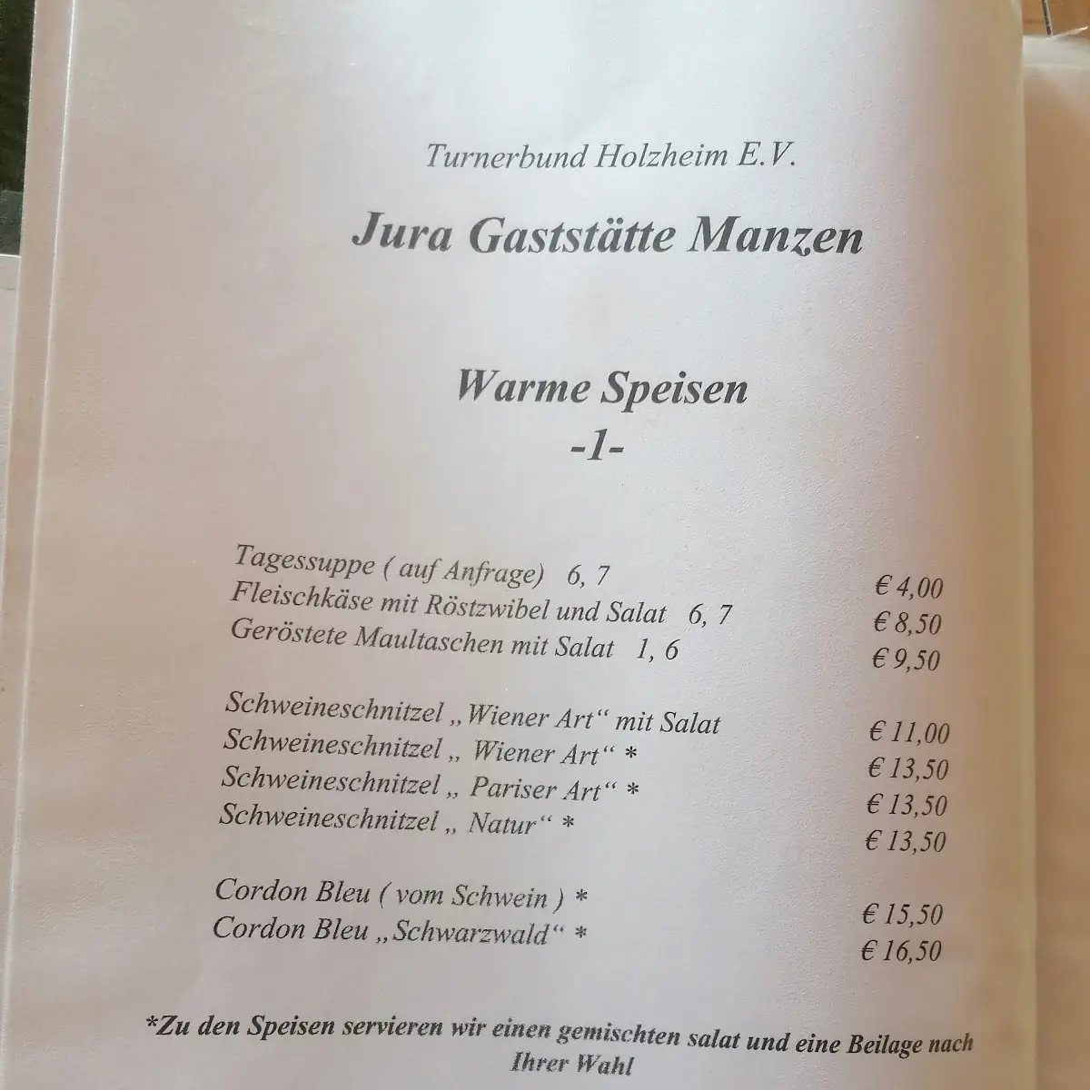 Speisekarte, Jura Gaststätte