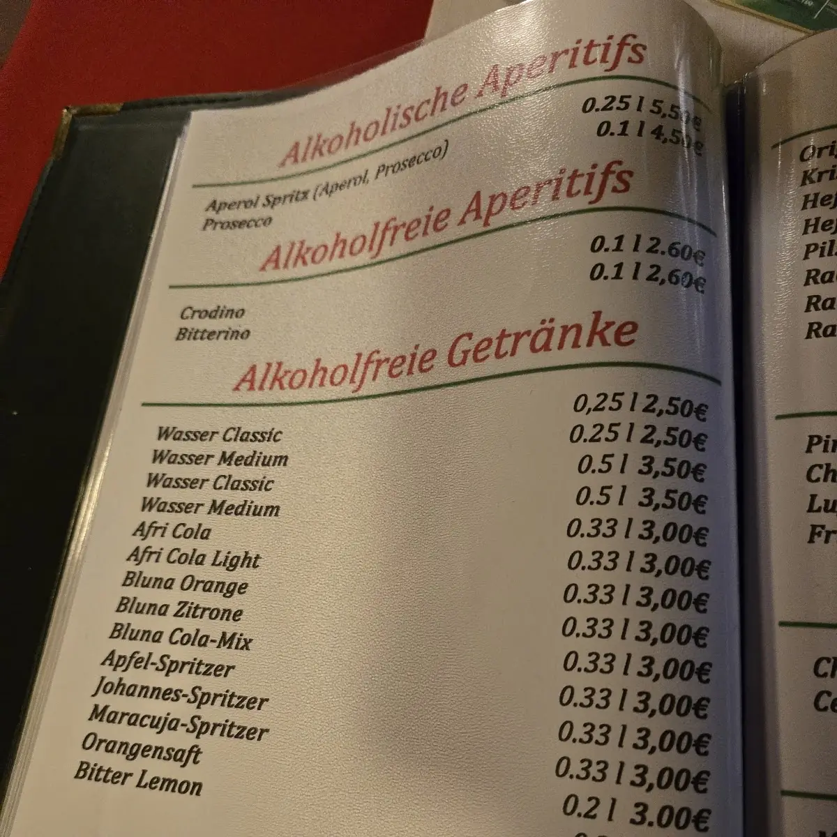 Speisekarte, Jura Gaststätte