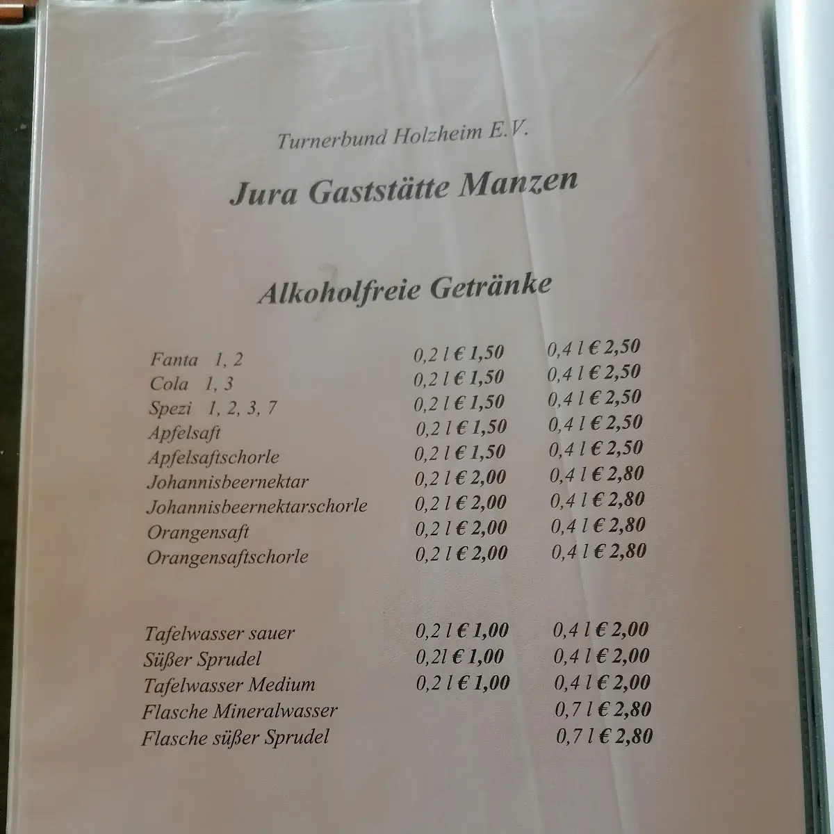 Speisekarte, Jura Gaststätte