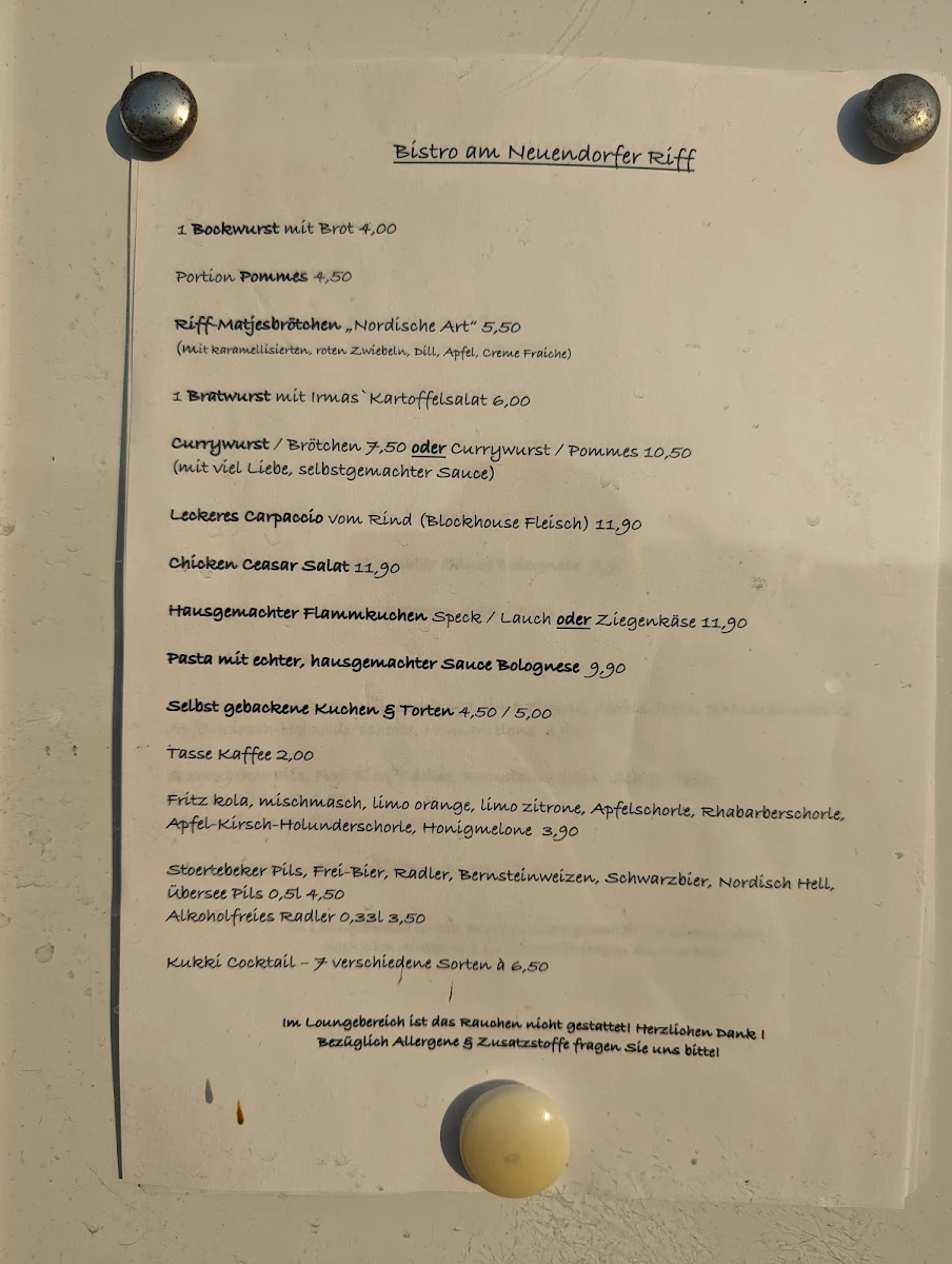 Speisekarte, Bistro Neuendorfer Riff
