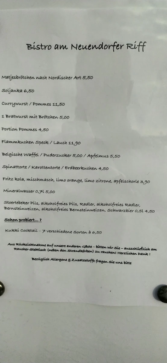 Speisekarte, Bistro Neuendorfer Riff