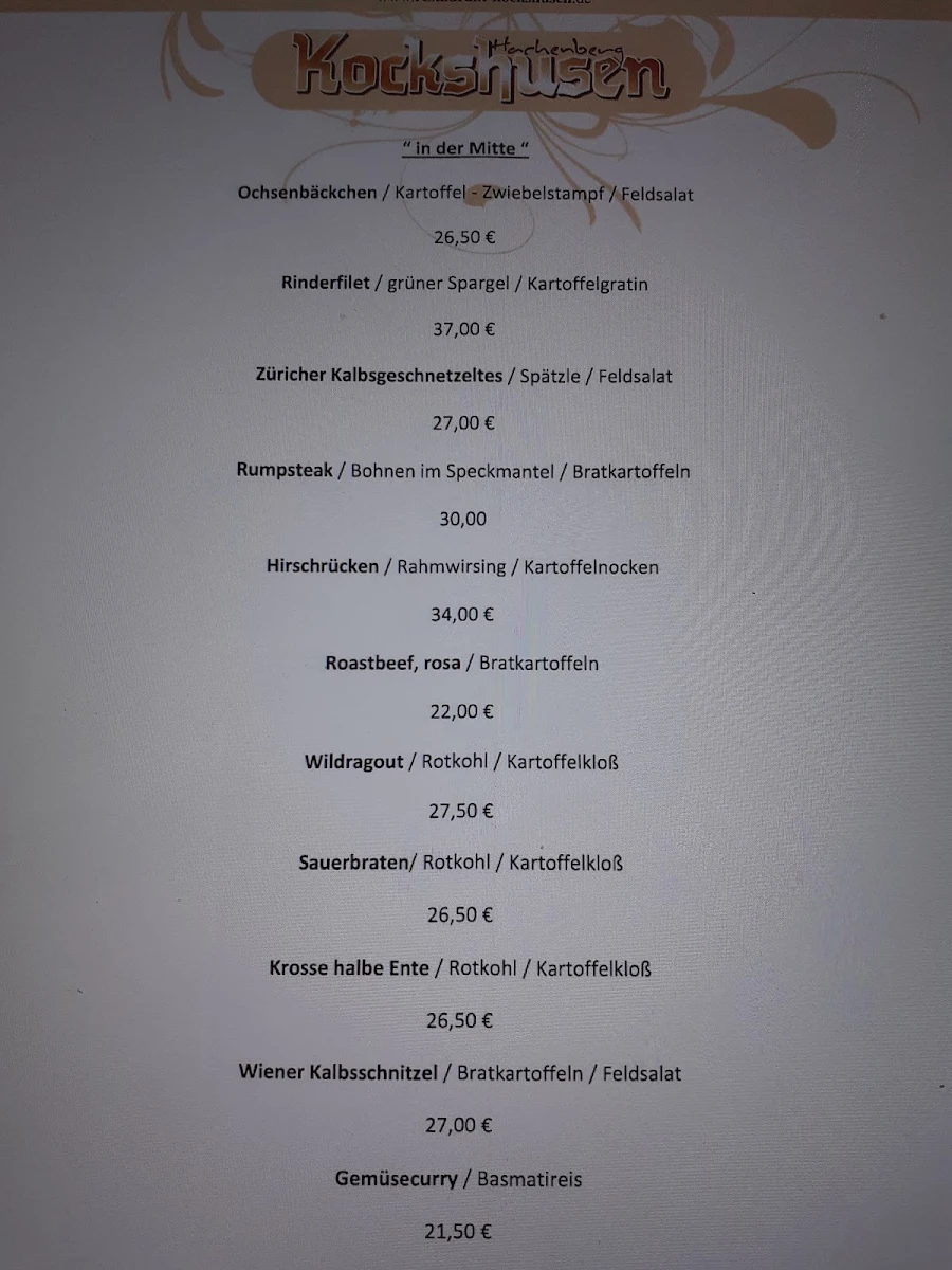 Speisekarte, Restaurant Kockshusen - Willi Hachenberg