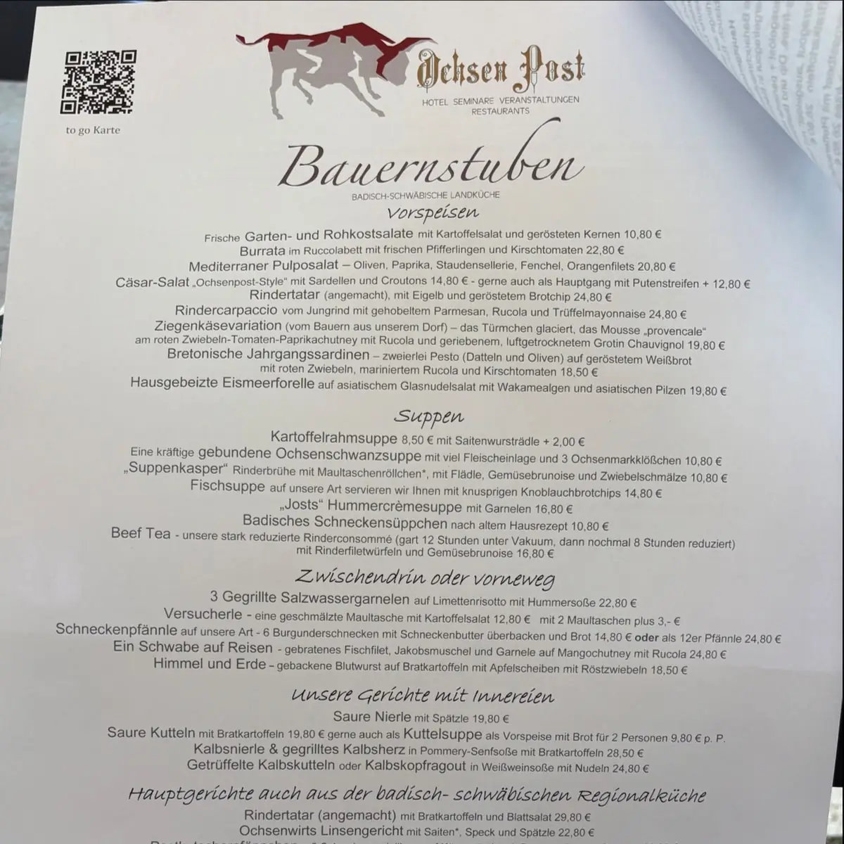 Speisekarte, Ochsen Post Hotel & Restaurants - Peter Jost