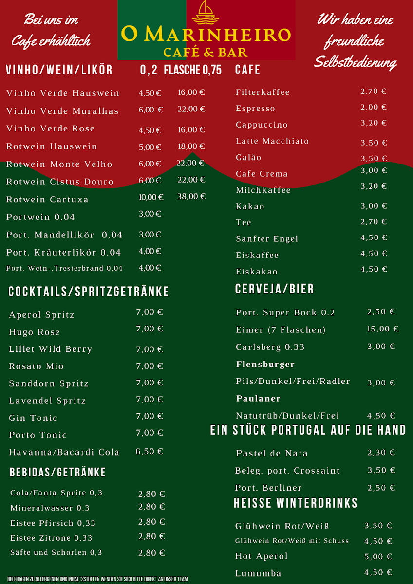 Speisekarte, O Marinheiro Café & Bar
