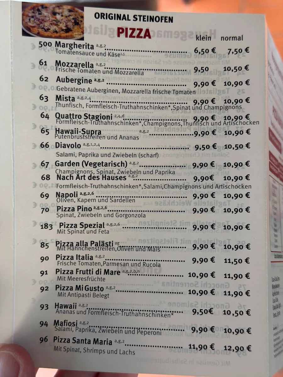 Speisekarte, Pizzeria Mi Gusto Nudelfabrik