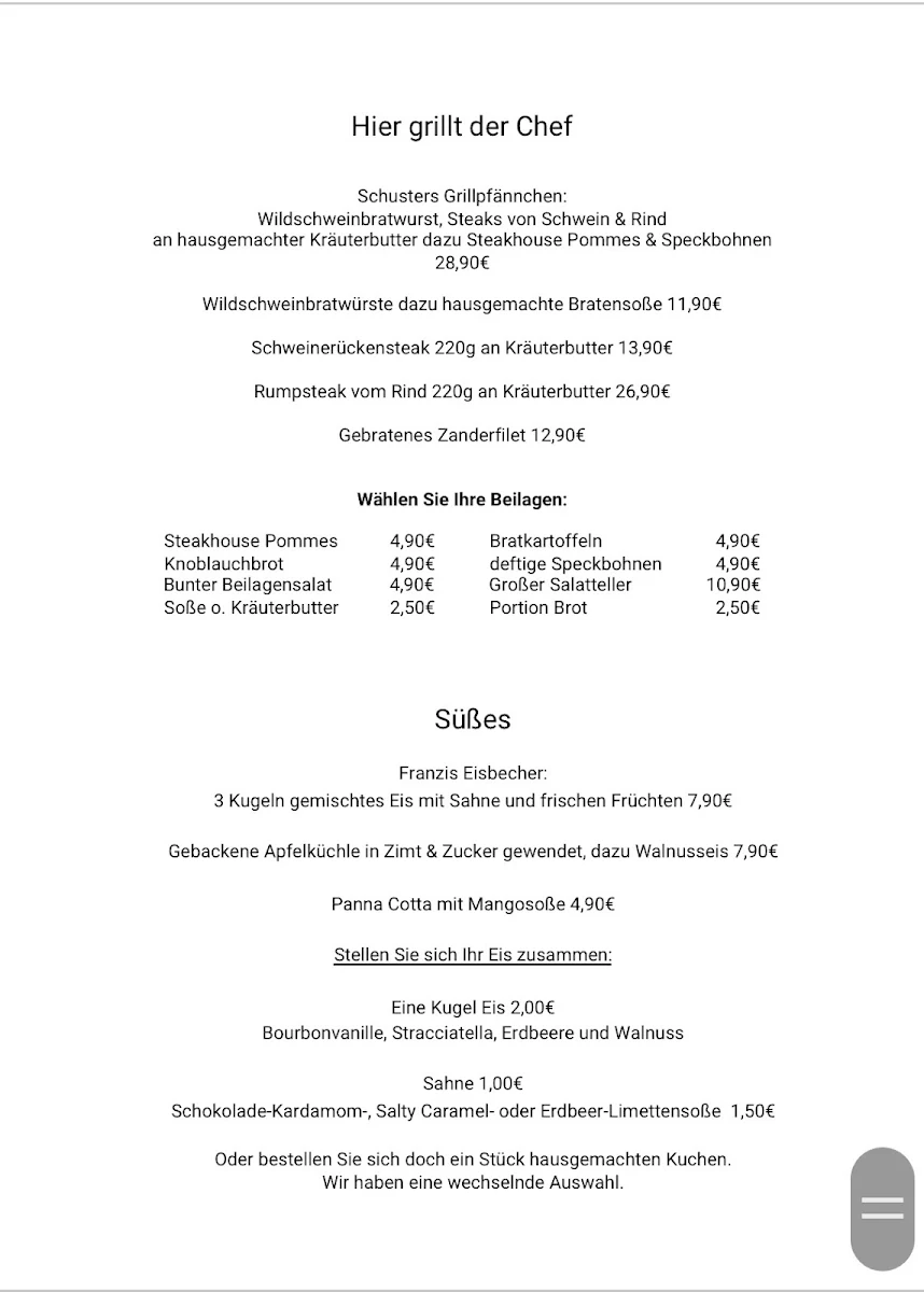 Speisekarte, Schusters "Zur Zeller Au"