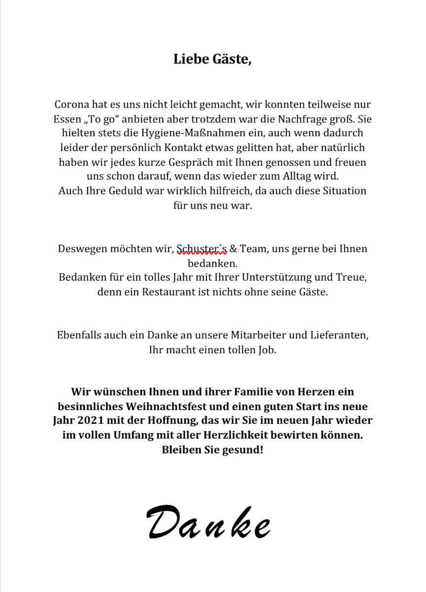 Speisekarte, Schusters "Zur Zeller Au"