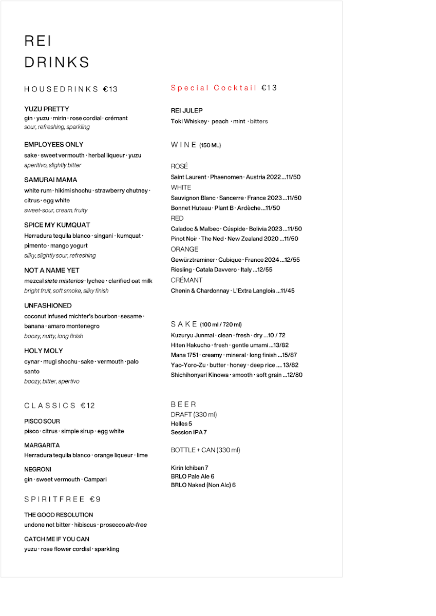 Speisekarte, REI Izakaya Bar & Restaurant