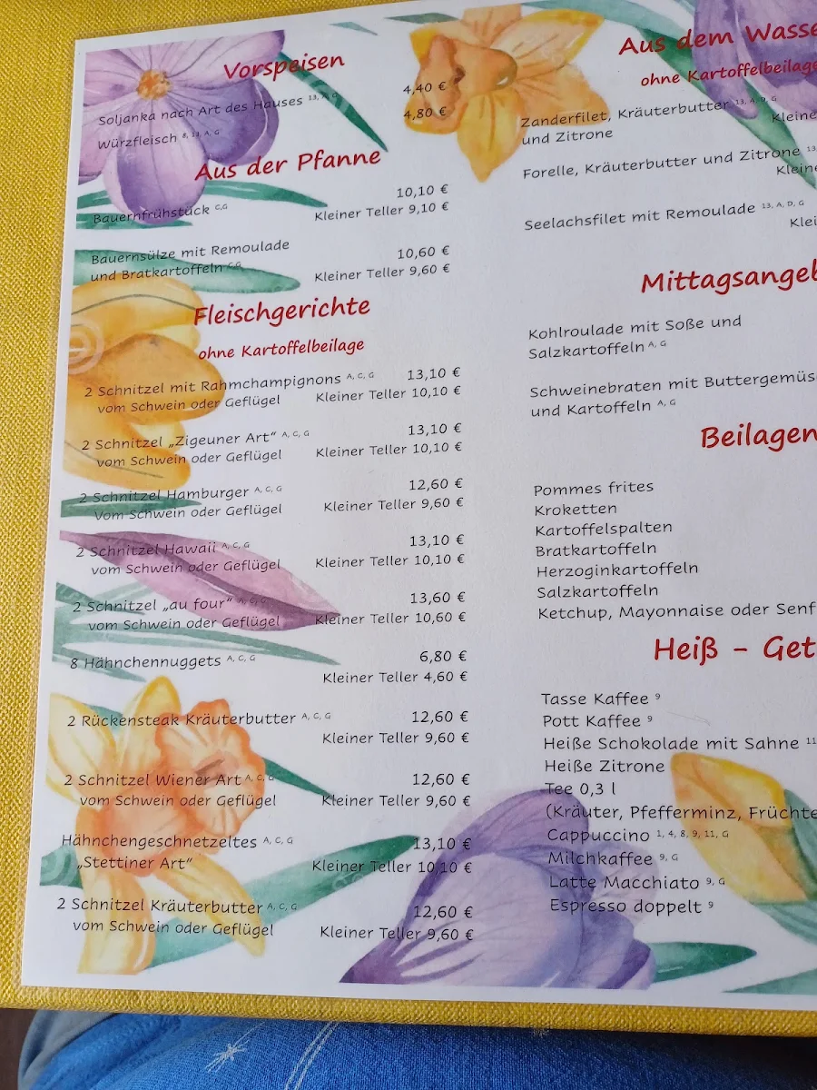 Speisekarte, Gaststätte Schloßgarten