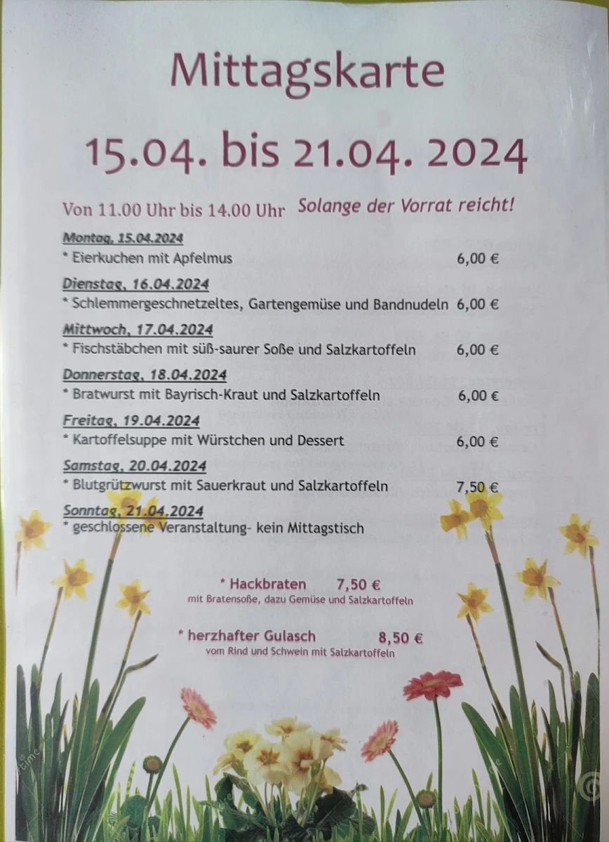 Speisekarte, Gaststätte Schloßgarten