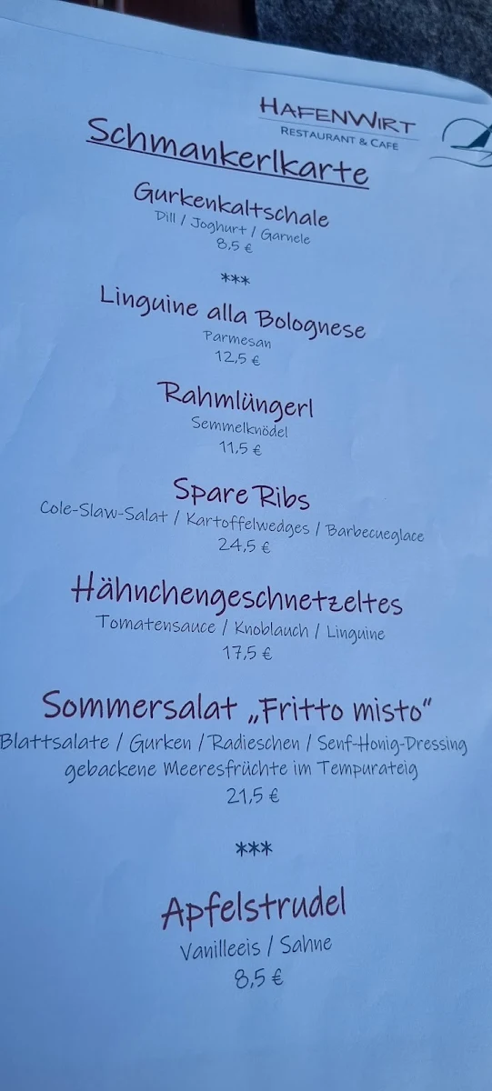 Speisekarte, Hafenwirt Restaurant & Cafe