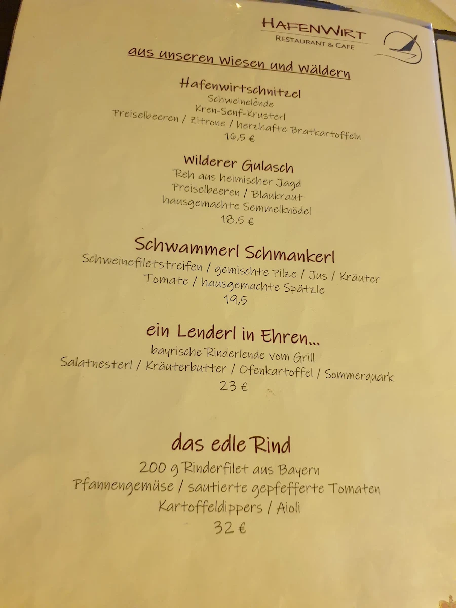 Speisekarte, Hafenwirt Restaurant & Cafe