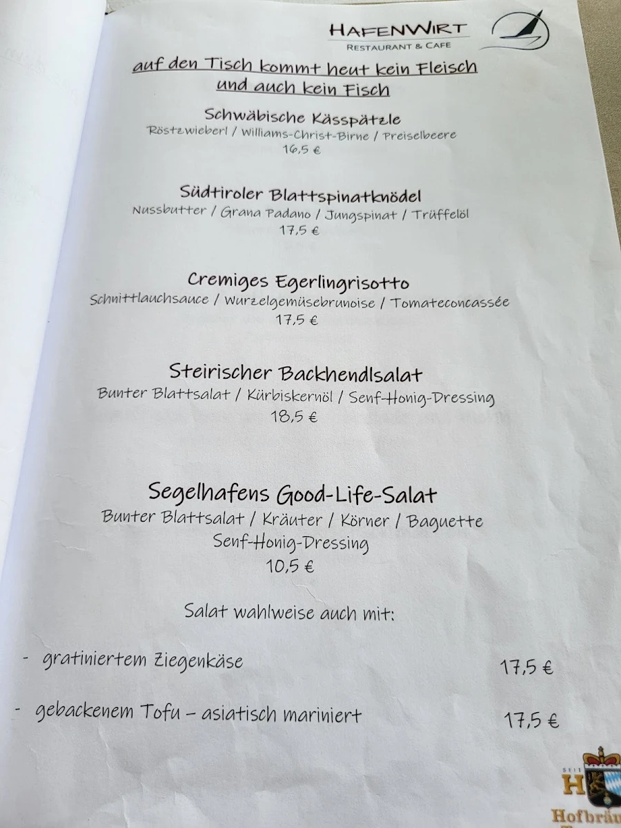 Speisekarte, Hafenwirt Restaurant & Cafe