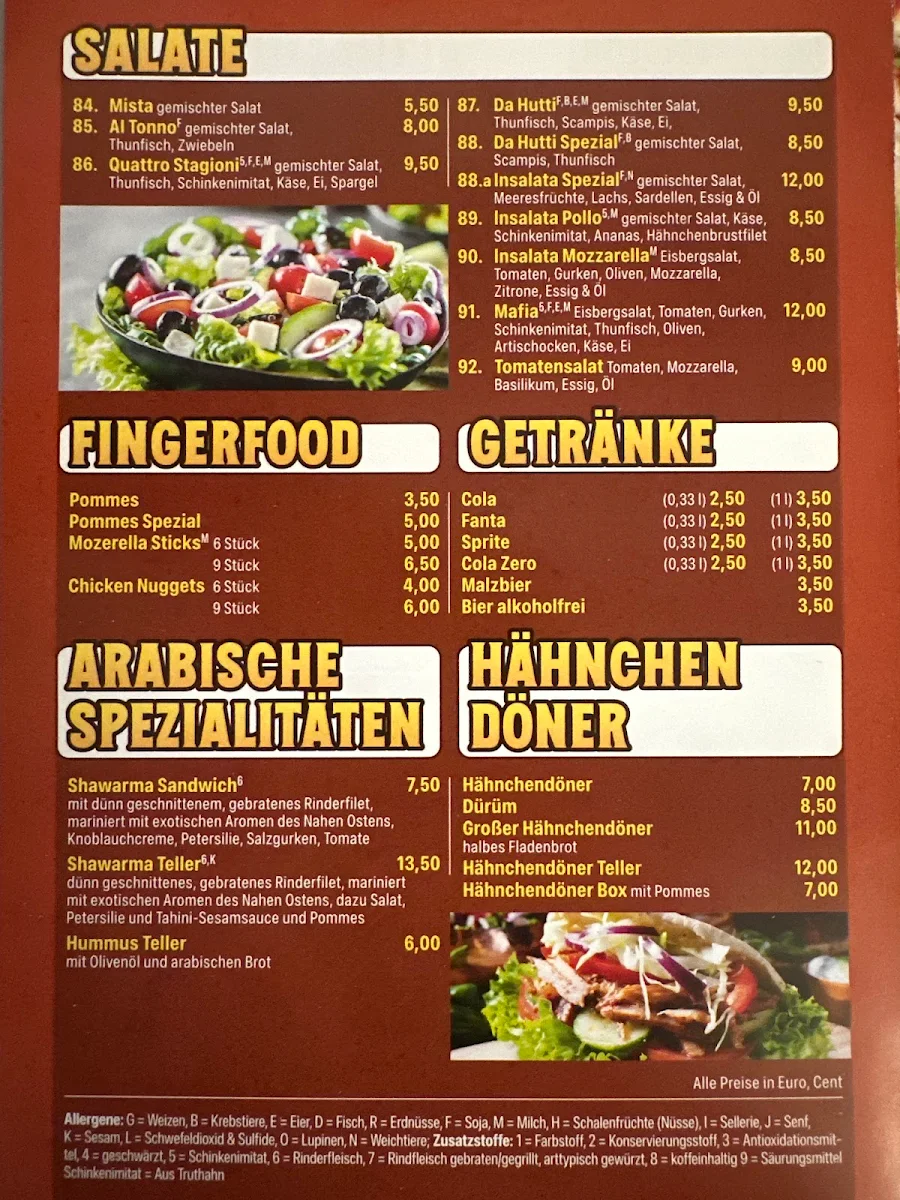 Speisekarte, Pizzeria Da Hutti