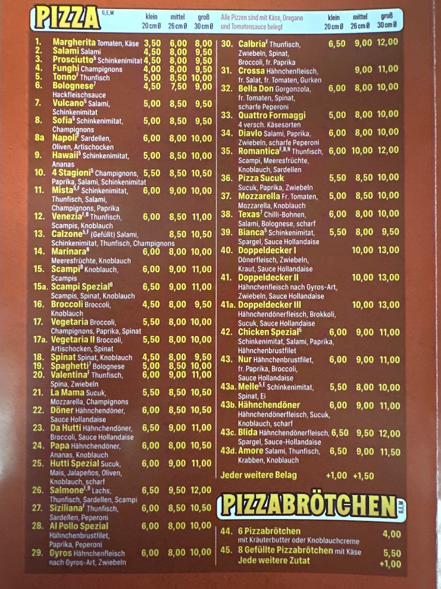 Speisekarte, Pizzeria Da Hutti
