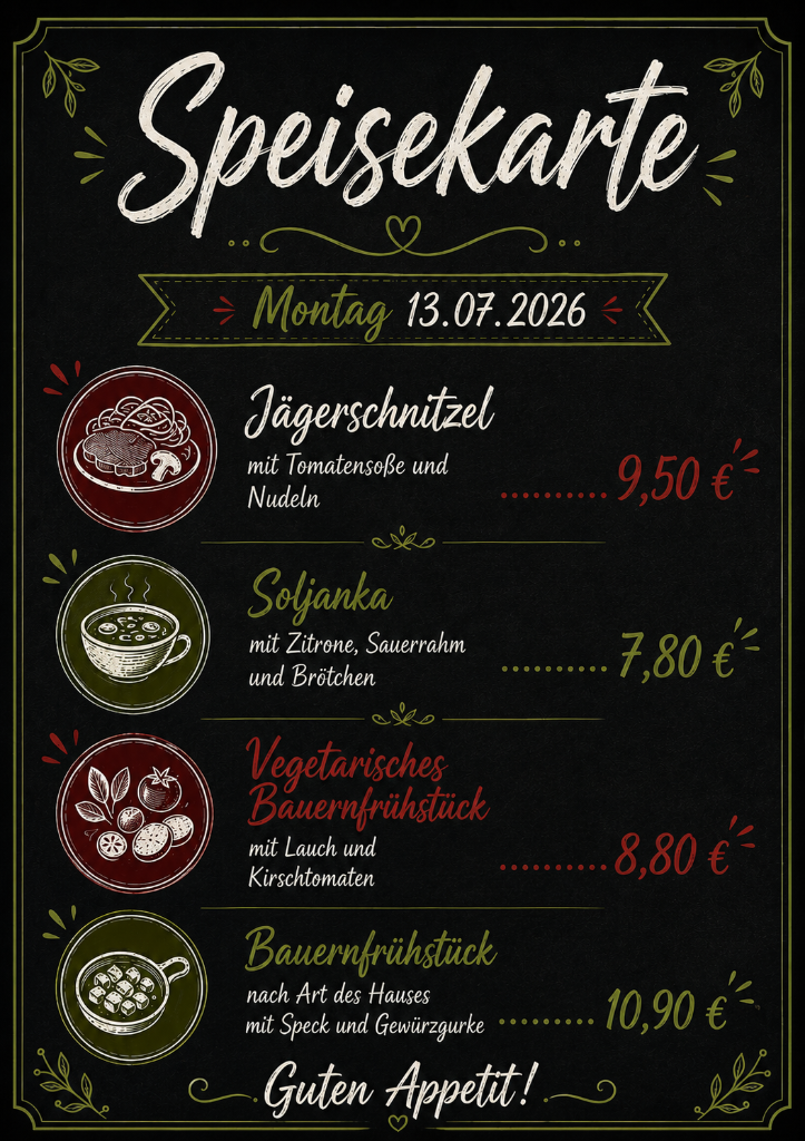 Speisekarte, Cafeteria Uwe Gläser