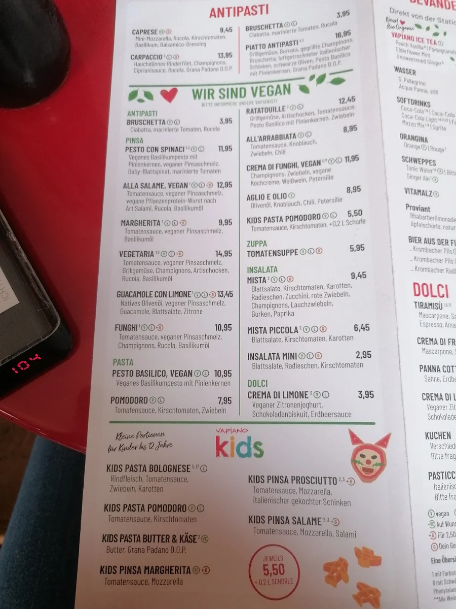 Speisekarte, VAPIANO Göttingen Weender Landstraße