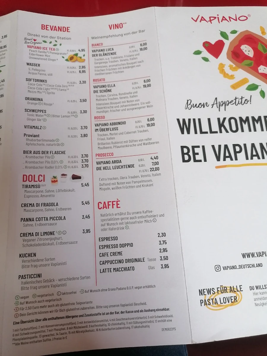 Speisekarte, VAPIANO Göttingen Weender Landstraße